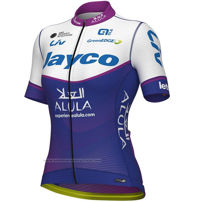2023 Maillot Cyclisme Femme Jayco Alula Violet Blanc Manches Courtes et Cuissard